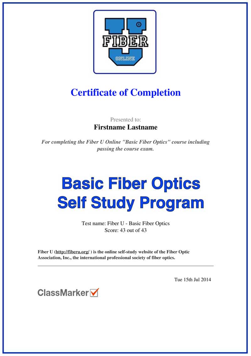 Fiber U Certificate of Completion